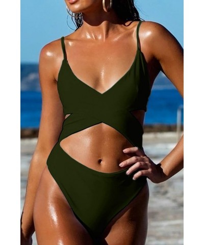 Women's Sexy Criss Cross High Waisted Cut Out One Piece Monokini Swimsuit Army Green $16.10 Swimsuits