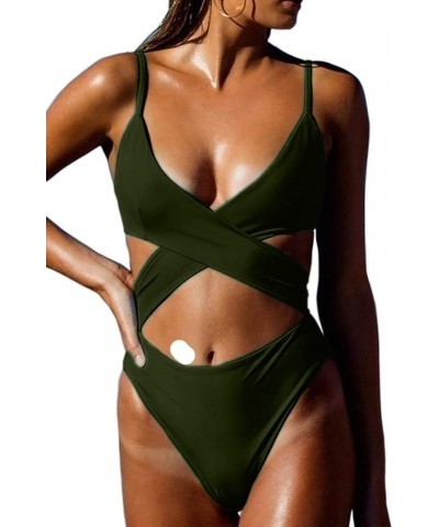 Women's Sexy Criss Cross High Waisted Cut Out One Piece Monokini Swimsuit Army Green $16.10 Swimsuits