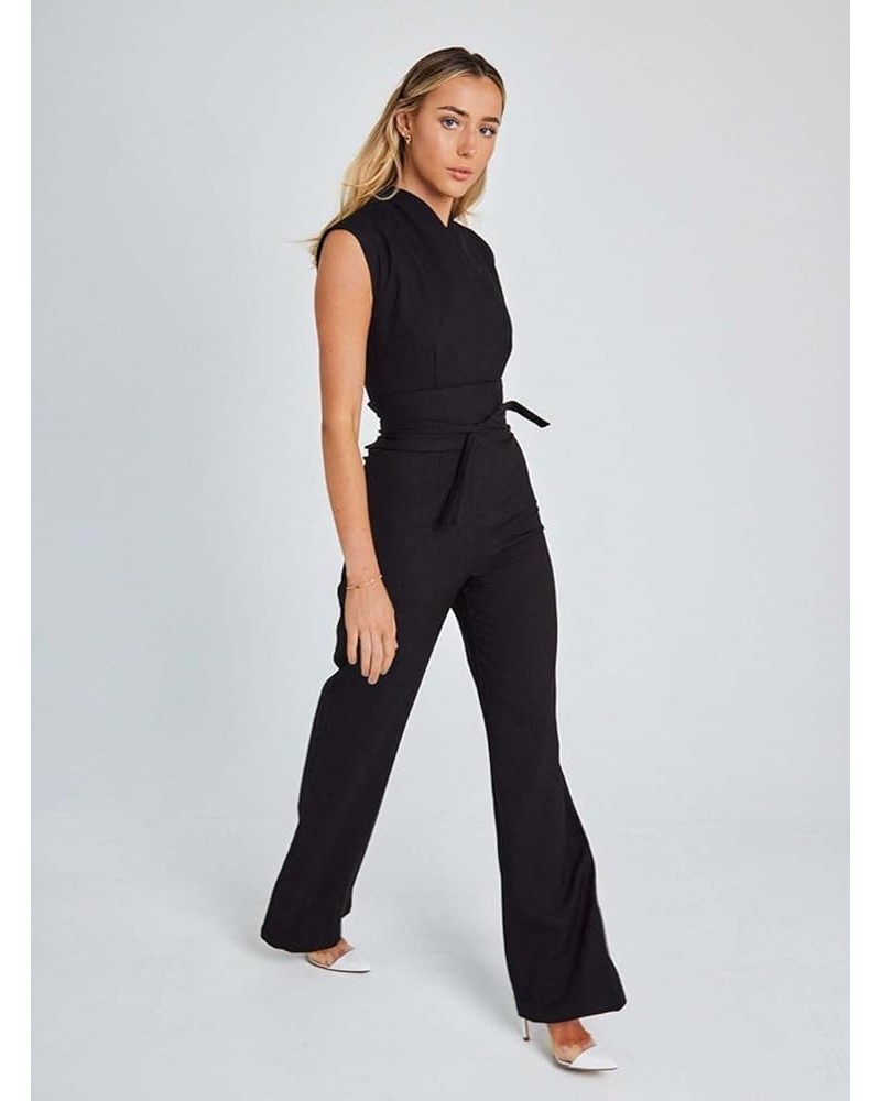 Casual V Neck Overall Jumpsuit Women Spring Solid Tie-up Bow Outfit Romper Summer Sleeveless Straight Pants Playsuit (Color :...