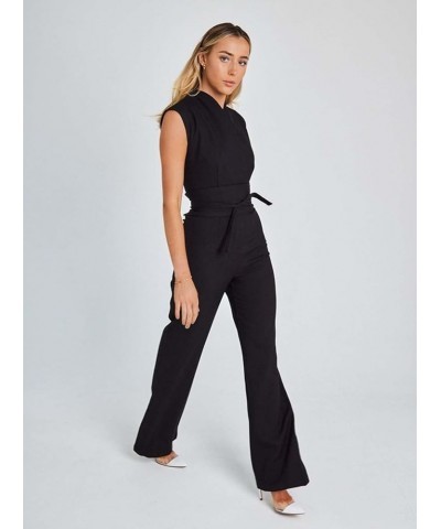 Casual V Neck Overall Jumpsuit Women Spring Solid Tie-up Bow Outfit Romper Summer Sleeveless Straight Pants Playsuit (Color :...