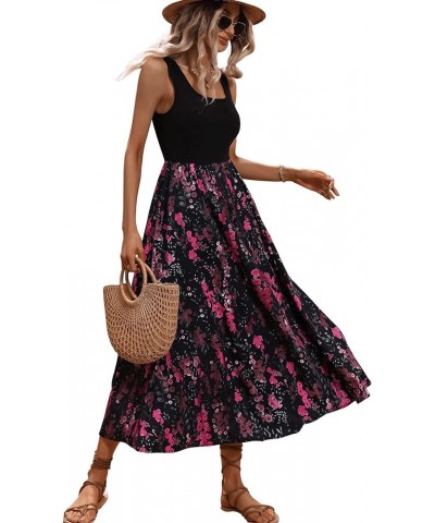 Women's Scoop Neck Button Front Tank Dress Sleeveless Floral Print Mini Dresses Pink Black $18.40 Dresses