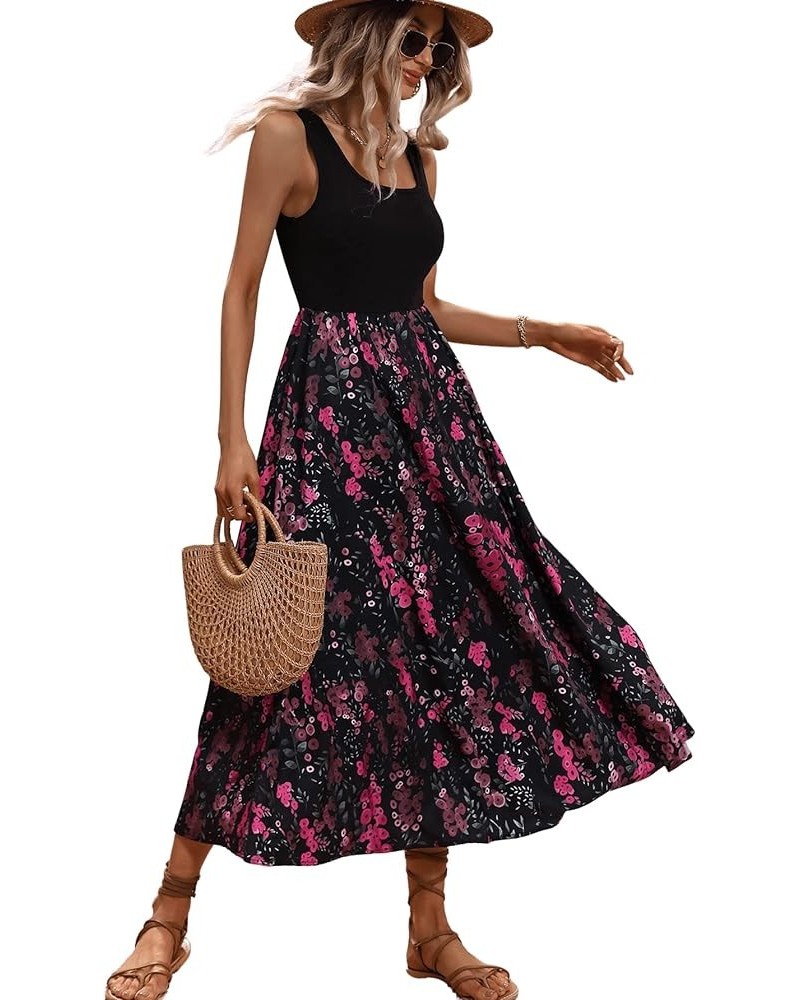 Women's Scoop Neck Button Front Tank Dress Sleeveless Floral Print Mini Dresses Pink Black $18.40 Dresses