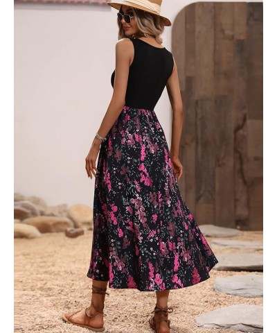 Women's Scoop Neck Button Front Tank Dress Sleeveless Floral Print Mini Dresses Pink Black $18.40 Dresses