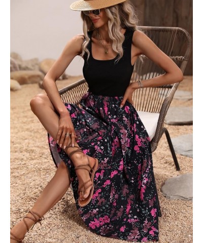 Women's Scoop Neck Button Front Tank Dress Sleeveless Floral Print Mini Dresses Pink Black $18.40 Dresses