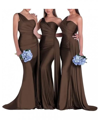 One Shoulder Bridesmaid Dresses Mermaid Satin Bodycon Long Wedding Dresses Evening Party Gowns with Slit Brown $28.60 Dresses