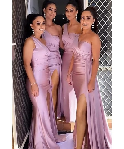 One Shoulder Bridesmaid Dresses Mermaid Satin Bodycon Long Wedding Dresses Evening Party Gowns with Slit Brown $28.60 Dresses