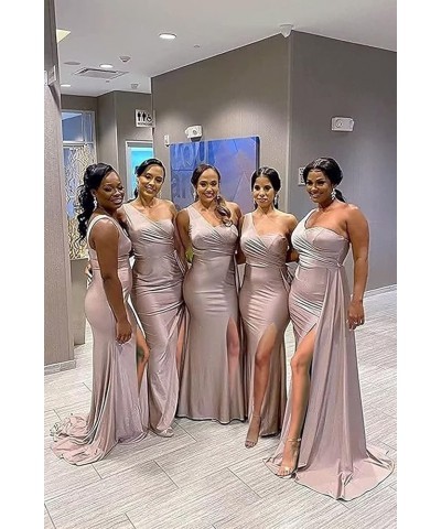 One Shoulder Bridesmaid Dresses Mermaid Satin Bodycon Long Wedding Dresses Evening Party Gowns with Slit Brown $28.60 Dresses