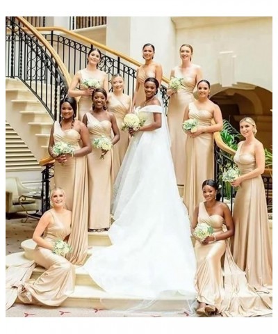 One Shoulder Bridesmaid Dresses Mermaid Satin Bodycon Long Wedding Dresses Evening Party Gowns with Slit Brown $28.60 Dresses