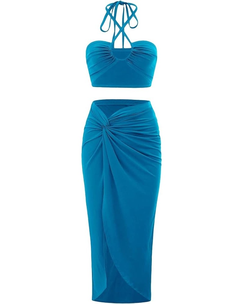 Women's 2 Piece Solid Tie Back Criss Cross Halter Top and Twist Front Skirt Sets Mint Blue $19.79 Suits