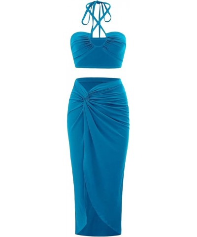 Women's 2 Piece Solid Tie Back Criss Cross Halter Top and Twist Front Skirt Sets Mint Blue $19.79 Suits