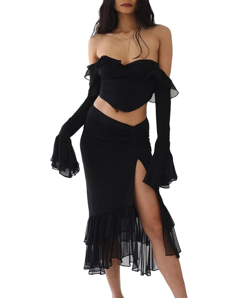 Women 2Pcs Y2K Maxi Skirts Set Strapless Tube Crop Cami Top 2 Piece Skirt Set Elegant Bodycon Long Skirt Outfit H-ruffled Sli...