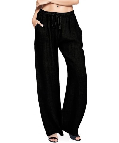 Women's Summer Drawstring Waist Wide Leg Loose Cotton Linen Palazzo Pants 01*-black $10.07 Pants