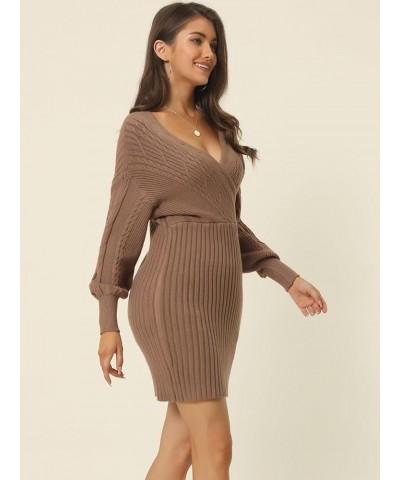 Women's 2023 Fall V Neck Sweater Dress Batwing Sleeve Cable Knit Chunky Bodycon Pullover Sweater Dresses Khaki $21.99 Sweaters