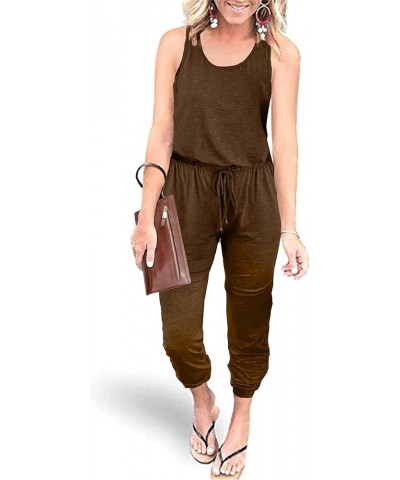 Women's Casual Tank Jumpsuits Sleeveless Drawstring Elastic Waist Loose Summer Romper Coffee $20.21 Jumpsuits