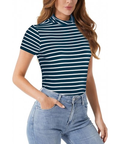 Long Sleeve Turtleneck Women Strech/Short Sleeve High Neck Tops Fitted Tee Shirt 019-peacock Blue/White $13.91 T-Shirts