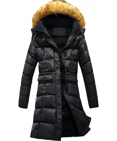 Women's Winter Down Puffer Mid Length Pocket Coat with Removable Fur Hood Gloss Black $46.54 Jackets