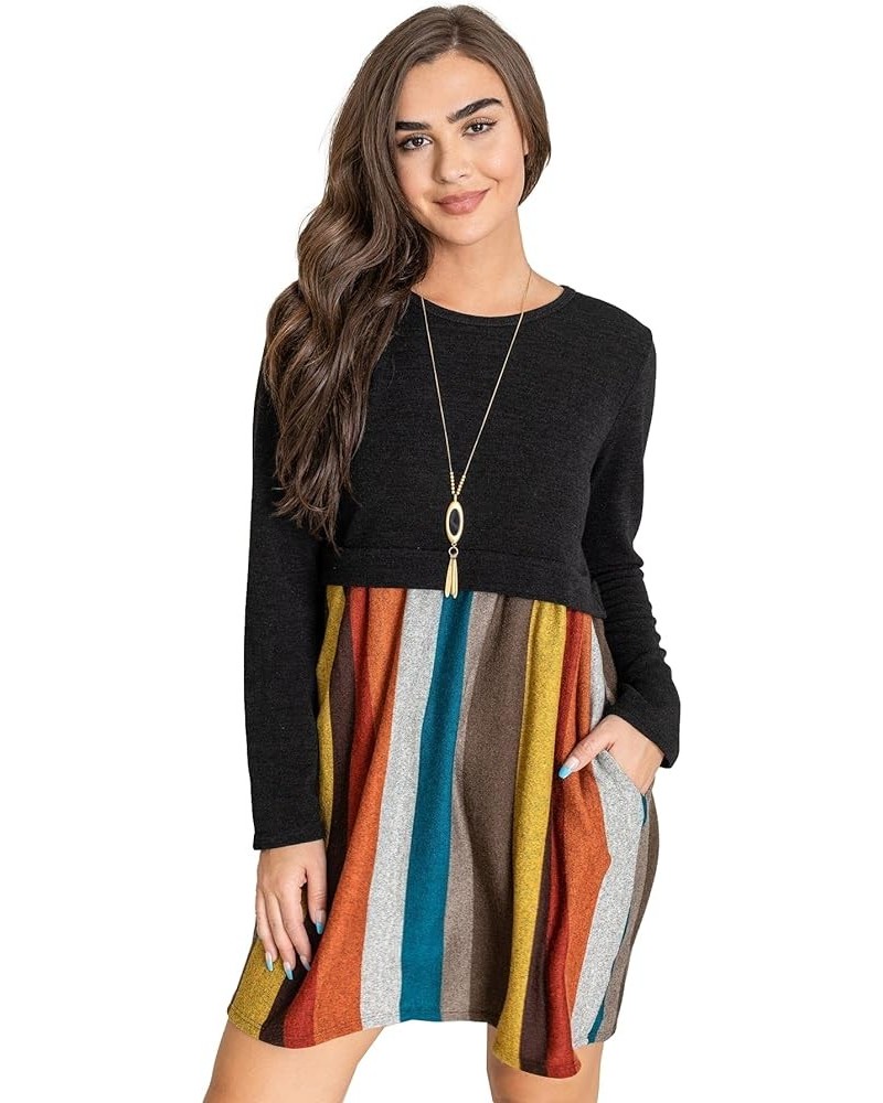 Eloges Women's Knit Contrast Stripe Checker Pullover Mini Dress Black/Mustard Burgundy $18.23 Dresses