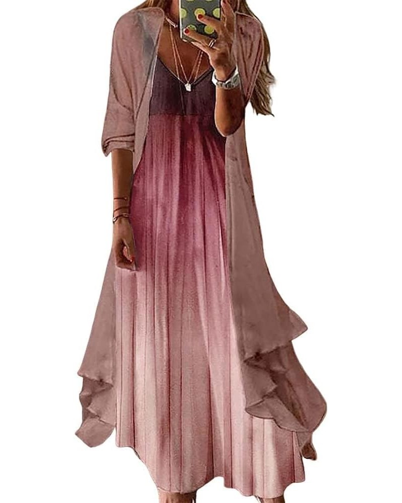 Womens Casual 2 Piece Floral Print Maxi Dress with Cardigan Flowy Chiffon Wedding Guest Dresses Gradient Rose $24.50 Pants