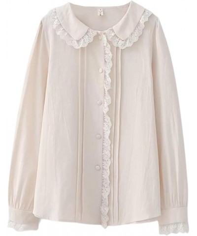 Women's Sweet Lolita Long Sleeve Shirt Cute Peter Pan Collar Lace Button Down Shirt Solid Color Vintage Blouse Tops Beige $14...