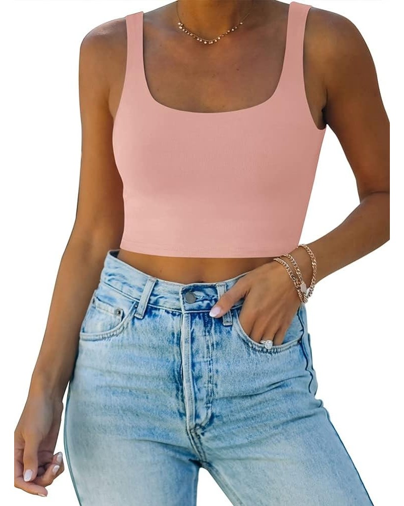 Women’s Sexy Square Neck Double Lined Seamless Sleeveless Cropped Tank Yoga Crop Tops Pink $14.99 Tanks