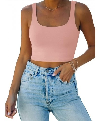 Women’s Sexy Square Neck Double Lined Seamless Sleeveless Cropped Tank Yoga Crop Tops Pink $14.99 Tanks