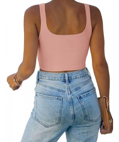 Women’s Sexy Square Neck Double Lined Seamless Sleeveless Cropped Tank Yoga Crop Tops Pink $14.99 Tanks