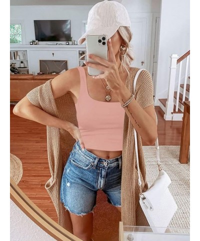 Women’s Sexy Square Neck Double Lined Seamless Sleeveless Cropped Tank Yoga Crop Tops Pink $14.99 Tanks