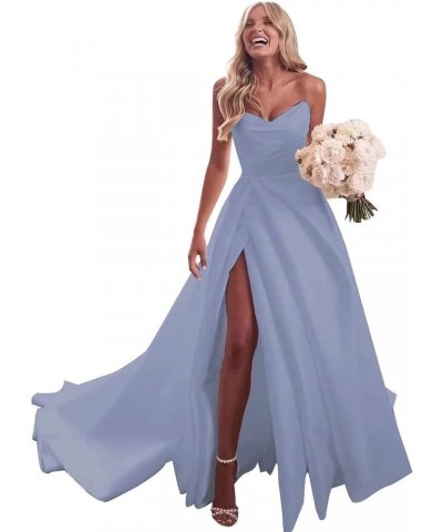 Strapless Satin Prom Dresses Long Ball Gowns with Slit A-Line Pleated Evening Party Dress for Women Formal Dusty Blue $33.12 ...