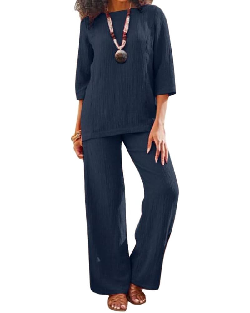 Plus Size Elegant Womens Linen Pant Suit 2 Piece Outfits Dressy Formal Pantsuits Navy Blue $25.19 Suits