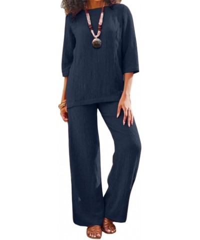 Plus Size Elegant Womens Linen Pant Suit 2 Piece Outfits Dressy Formal Pantsuits Navy Blue $25.19 Suits