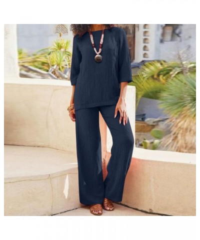 Plus Size Elegant Womens Linen Pant Suit 2 Piece Outfits Dressy Formal Pantsuits Navy Blue $25.19 Suits