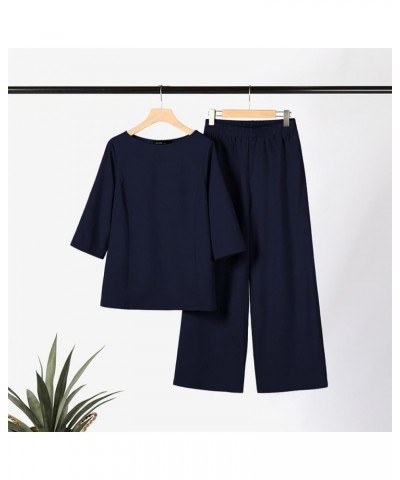 Plus Size Elegant Womens Linen Pant Suit 2 Piece Outfits Dressy Formal Pantsuits Navy Blue $25.19 Suits