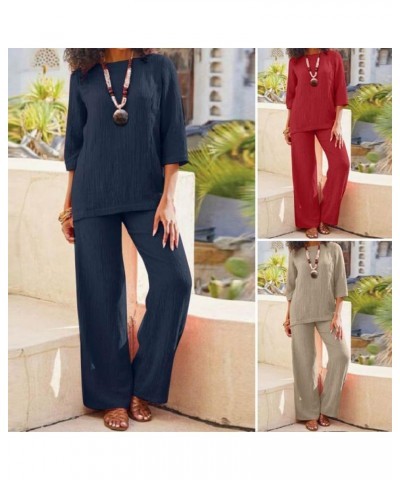 Plus Size Elegant Womens Linen Pant Suit 2 Piece Outfits Dressy Formal Pantsuits Navy Blue $25.19 Suits