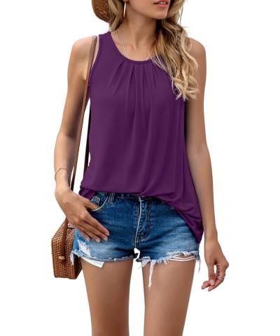 Women's Summer Sleeveless Pleated Back Closure Casual Tank Tops A-10 C Purple $11.42 Tanks