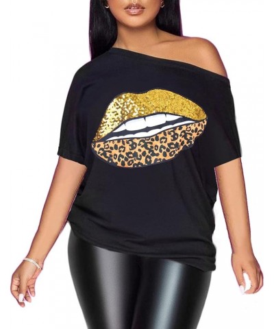 Womens Off The Shoulder Tops Sexy Shiny Shirts Short Sleeves Funny Graphic T-Shirt Blouses Black+ Gold Leopard Lip $12.50 Blo...