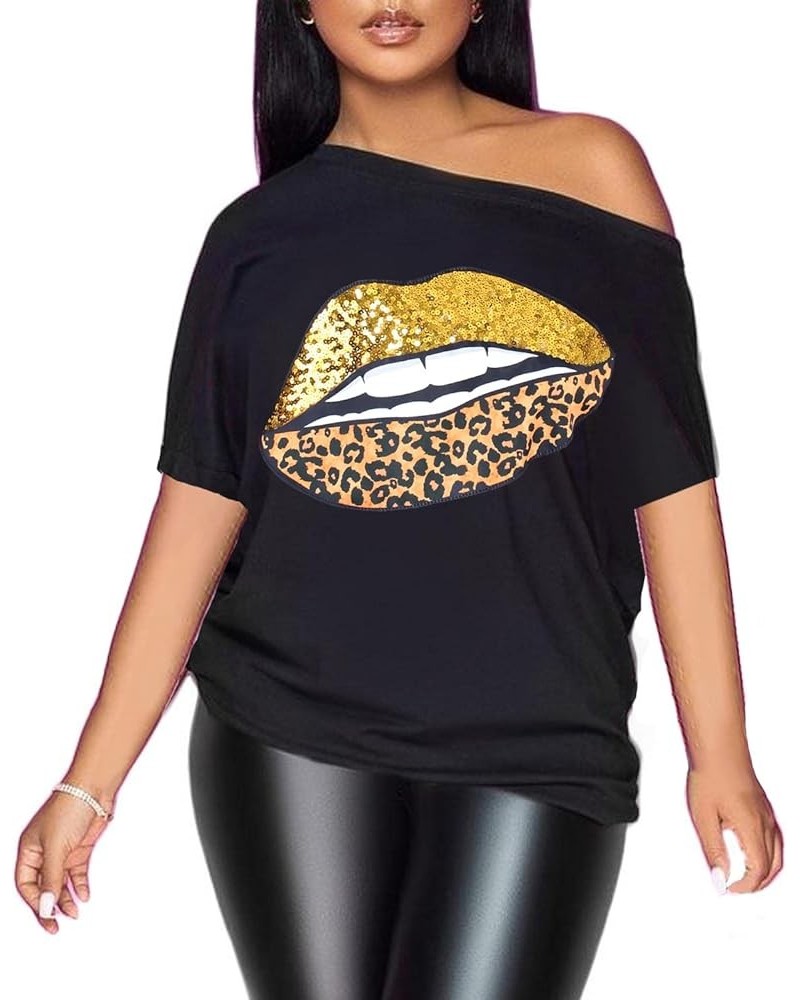 Womens Off The Shoulder Tops Sexy Shiny Shirts Short Sleeves Funny Graphic T-Shirt Blouses Black+ Gold Leopard Lip $12.50 Blo...