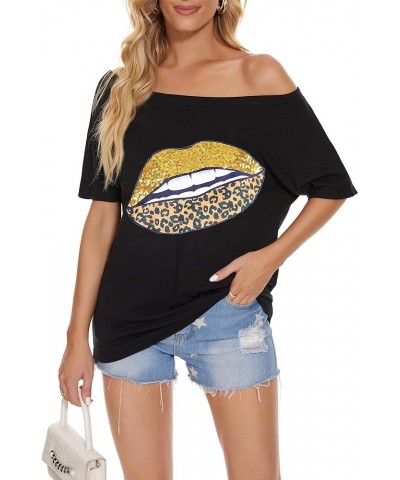 Womens Off The Shoulder Tops Sexy Shiny Shirts Short Sleeves Funny Graphic T-Shirt Blouses Black+ Gold Leopard Lip $12.50 Blo...