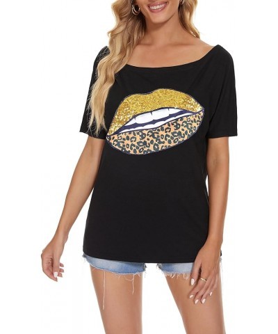 Womens Off The Shoulder Tops Sexy Shiny Shirts Short Sleeves Funny Graphic T-Shirt Blouses Black+ Gold Leopard Lip $12.50 Blo...