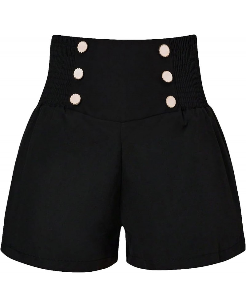 Women's Plus Size Button Front Shirred High Waist Work Casual Straight Leg Shorts Black $12.25 Shorts