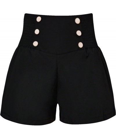 Women's Plus Size Button Front Shirred High Waist Work Casual Straight Leg Shorts Black $12.25 Shorts