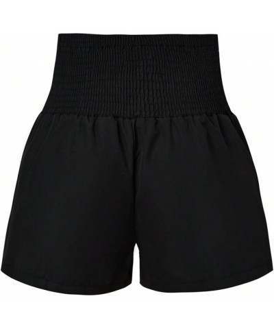 Women's Plus Size Button Front Shirred High Waist Work Casual Straight Leg Shorts Black $12.25 Shorts