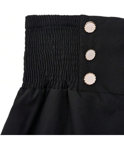 Women's Plus Size Button Front Shirred High Waist Work Casual Straight Leg Shorts Black $12.25 Shorts