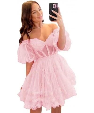 Tulle Homecoming Dresses 2024 Puffy Sleeves Layered Short Dresses Formal Cocktail Party Gowns Pink $25.80 Dresses