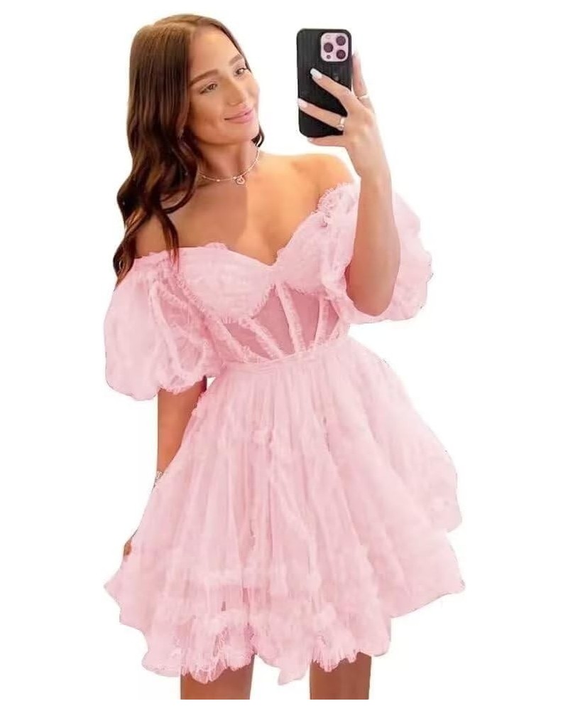 Tulle Homecoming Dresses 2024 Puffy Sleeves Layered Short Dresses Formal Cocktail Party Gowns Pink $25.80 Dresses