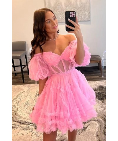 Tulle Homecoming Dresses 2024 Puffy Sleeves Layered Short Dresses Formal Cocktail Party Gowns Pink $25.80 Dresses