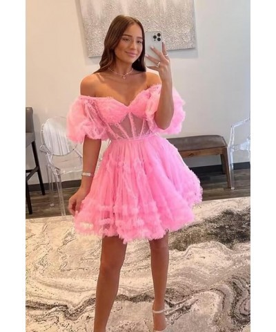 Tulle Homecoming Dresses 2024 Puffy Sleeves Layered Short Dresses Formal Cocktail Party Gowns Pink $25.80 Dresses