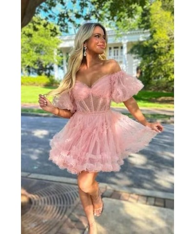 Tulle Homecoming Dresses 2024 Puffy Sleeves Layered Short Dresses Formal Cocktail Party Gowns Pink $25.80 Dresses