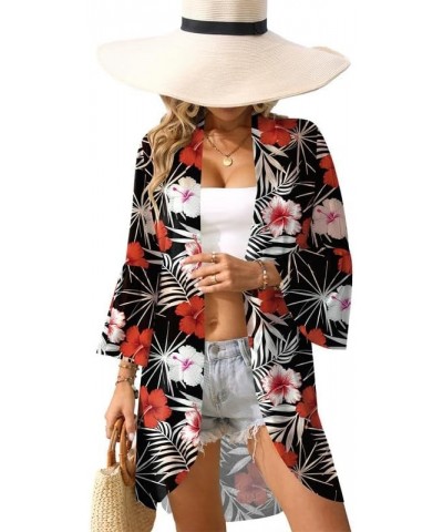 Summer Women's 3/4 Bell Sleeve Light Weight Kimono Cardigan Red Flower $14.00 Sweaters