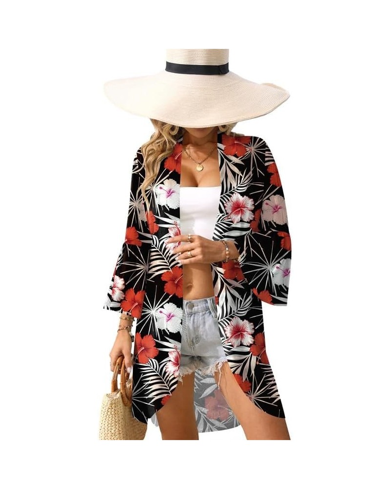 Summer Women's 3/4 Bell Sleeve Light Weight Kimono Cardigan Red Flower $14.00 Sweaters