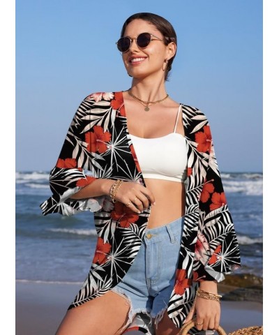 Summer Women's 3/4 Bell Sleeve Light Weight Kimono Cardigan Red Flower $14.00 Sweaters